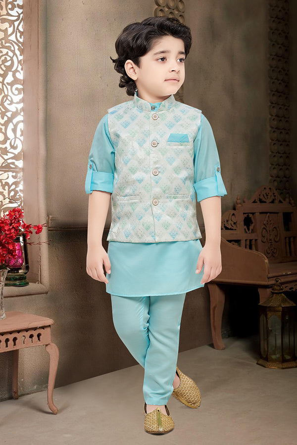 Momento Fashions Boys Kurta Pajama Set with Geometric Jacquard Printed Jacket