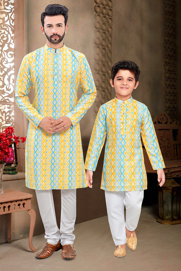 Momento Fashions Father–Son Matching Geometric Printed Cotton Kurta Set