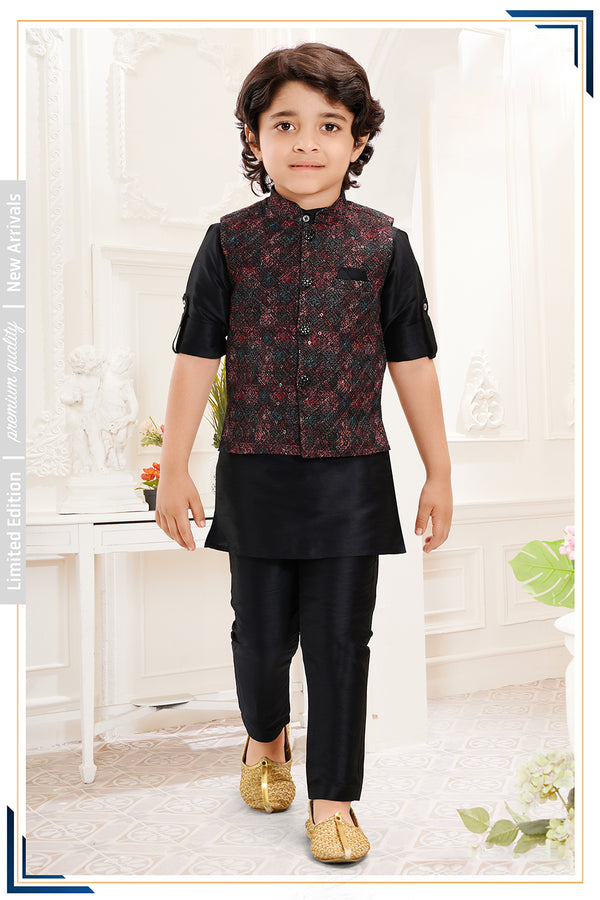 Momento Fashions Boys Kurta Pajama Set with Jacquard Printed Jacket