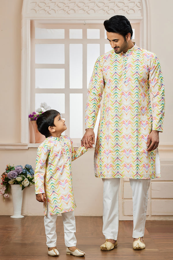 Momento Fashions Father–Son Matching Chevron Printed Cotton Kurta Set