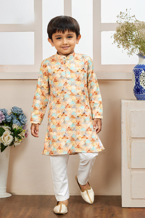 Momento Fashions Boys Abstract Ikat Printed Cotton Kurta Pajama Set