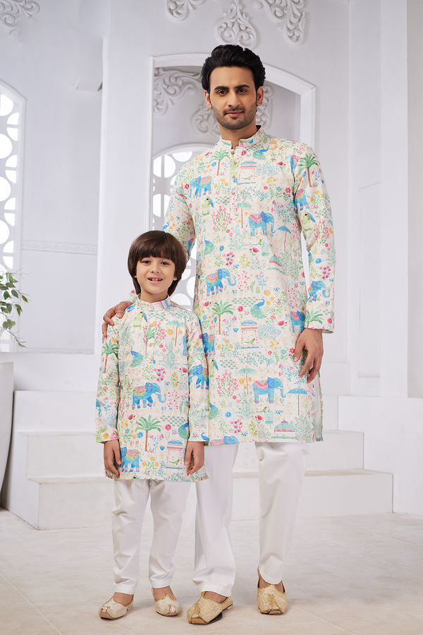 Momento Fashions Father–Son Matching Heritage Elephant Printed Cotton Kurta Set