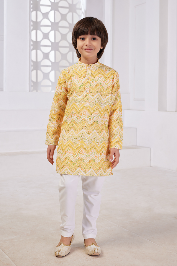 Momento Fashions Boys Yellow Printed Cotton Kurta Pajama Set