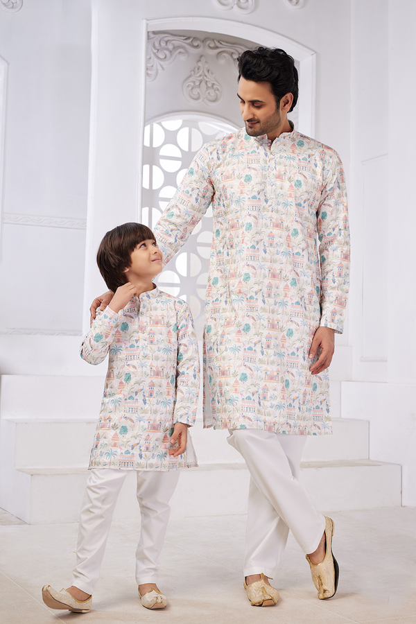Momento Fashions Father–Son Matching Motif Heritage Print Cotton Kurta Set