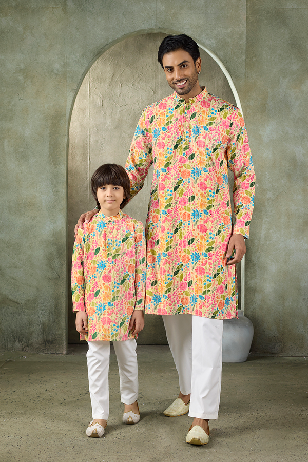 Momento Fashions Father–Son Matching Floral Garden Print Cotton Kurta Set