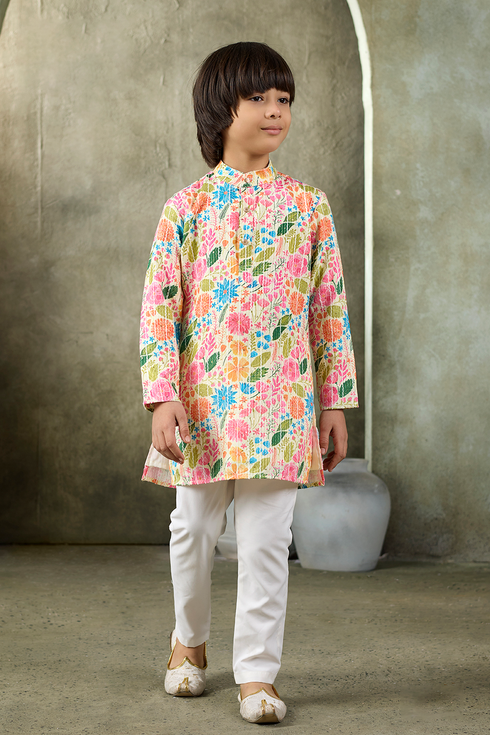 Momento Fashions Boys Floral Printed Cotton Kurta Pajama Set