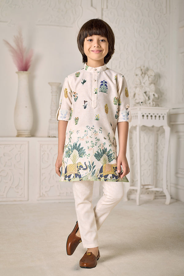 Momento Fashions Boys Elephant Motif Printed Cotton Kurta Pajama Set