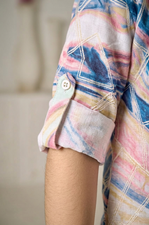 Boys Cotton Kurta Light Pink with Blue Print | Festive Ethnic Wear