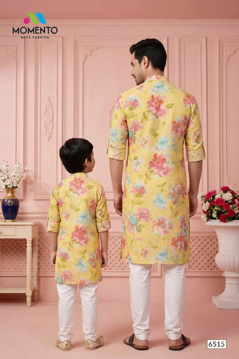 Yellow Father Son Matching Outfit | Floral Kurta for Festivals & Weddings