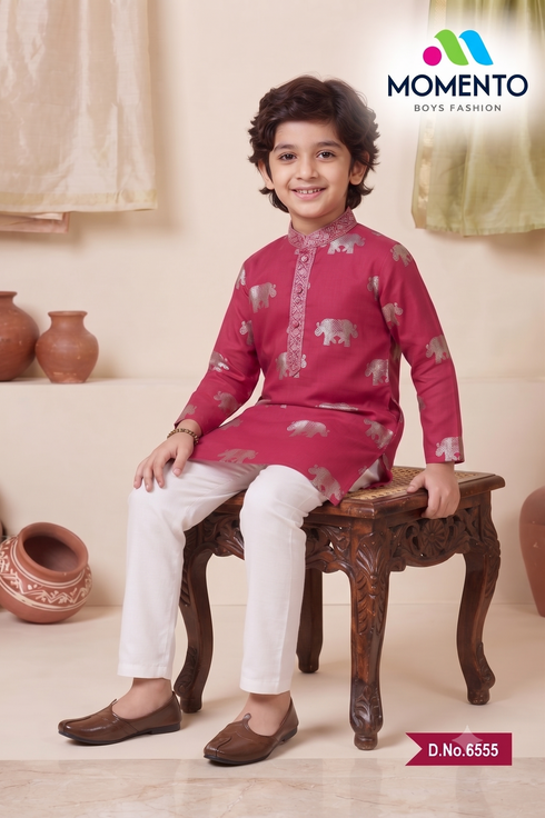Kids Dark Pink Kurta Pyjama Set | Cotton Ethnic Wear with Silver Details
