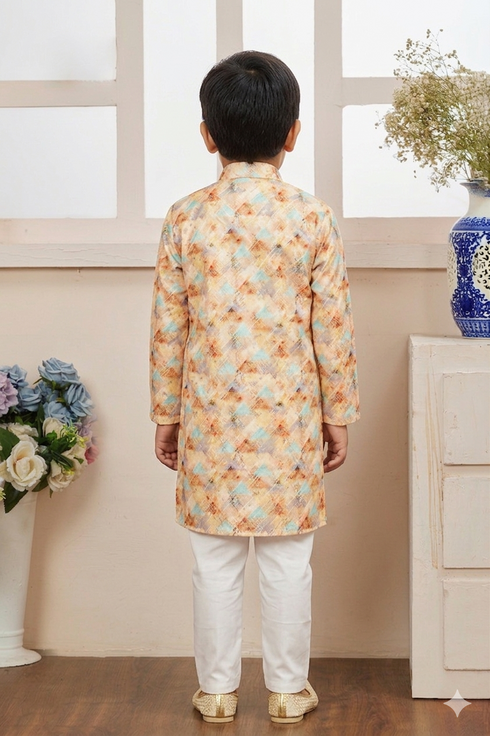Momento Fashions Boys Abstract Ikat Printed Cotton Kurta Pajama Set