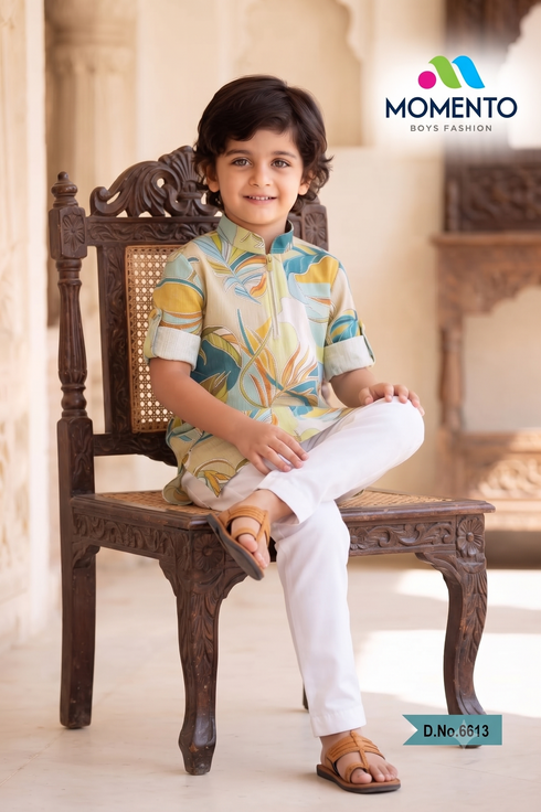 Kids Cotton Kurta Pyjama Set for Boys | Leaf Printed Ethnic Wear