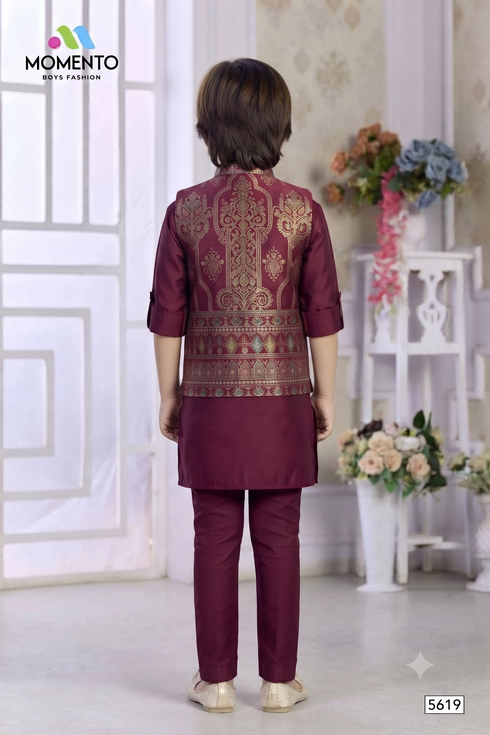 Kids Wine Ethnic Kurta Pyjama | Gold & Teal Embroidered Waistcoat