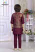 Kids Wine Ethnic Kurta Pyjama | Gold & Teal Embroidered Waistcoat
