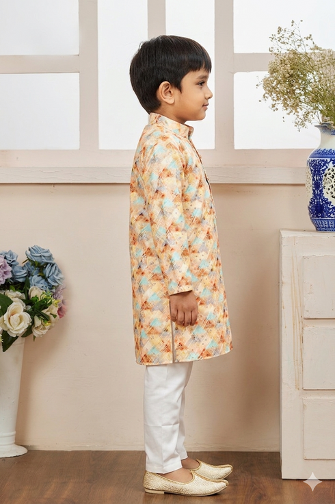 Momento Fashions Boys Abstract Ikat Printed Cotton Kurta Pajama Set
