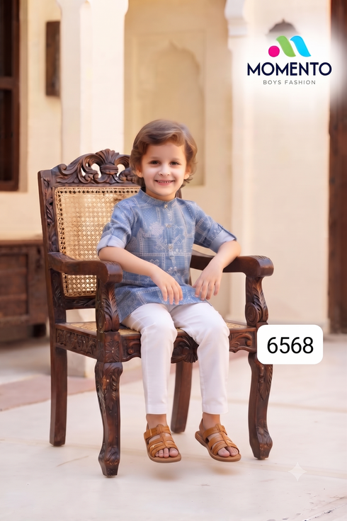 Kids Blue Cotton Kurta Pyjama Set with White Print | Ethnic Wear
