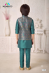 Teal Cotton Kurta Pyjama & Waistcoat Set for Kids | Festive Wear