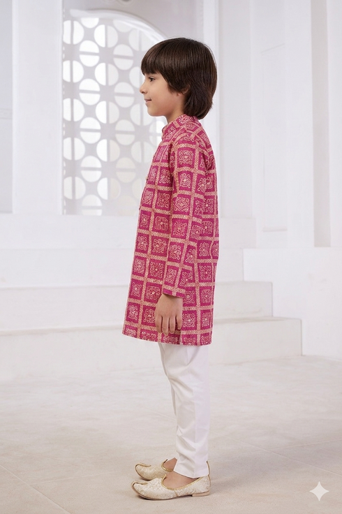 Momento Fashions Boys Pink Printed Cotton Kurta Pajama Set