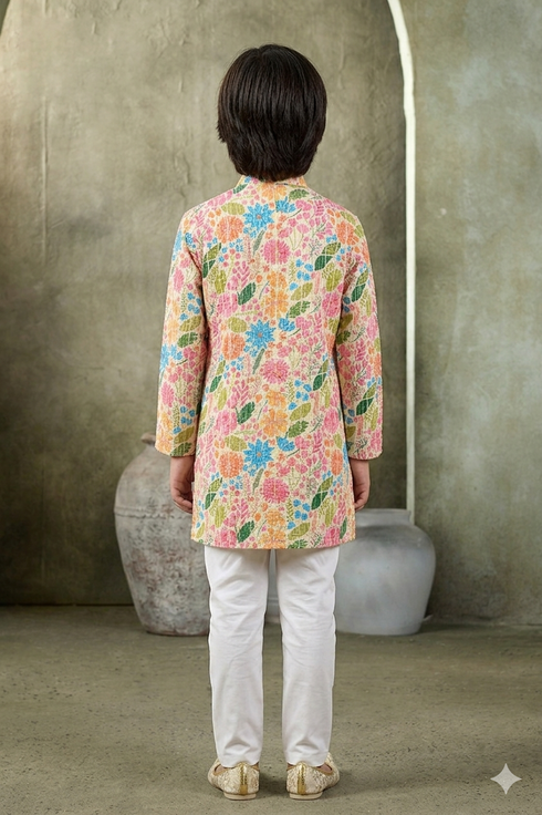 Momento Fashions Boys Floral Printed Cotton Kurta Pajama Set
