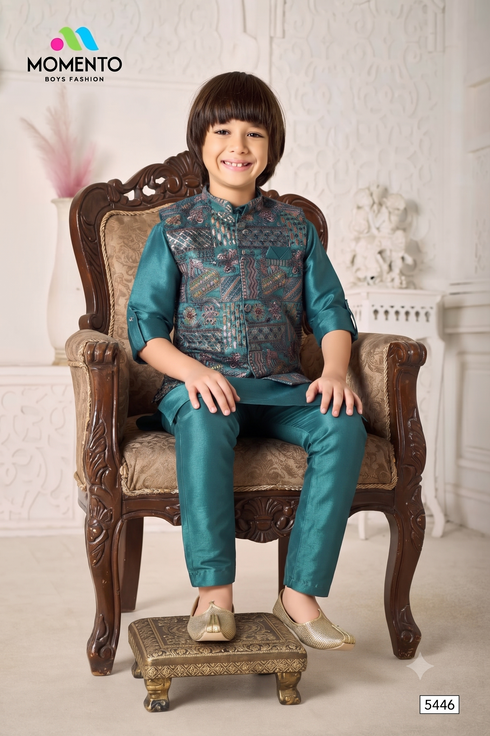 Teal Cotton Kurta Pyjama & Waistcoat Set for Kids | Festive Wear