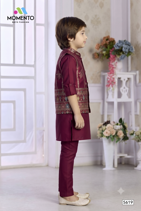 Kids Wine Ethnic Kurta Pyjama | Gold & Teal Embroidered Waistcoat