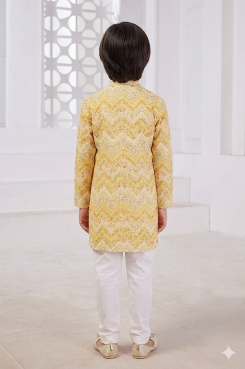Momento Fashions Boys Yellow Printed Cotton Kurta Pajama Set