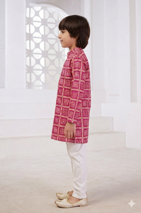 Momento Fashions Boys Pink Printed Cotton Kurta Pajama Set