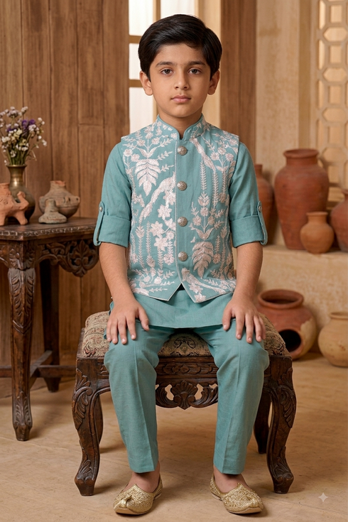 100% Cotton Sea Green Kurta with Jacket | Momento Fashions