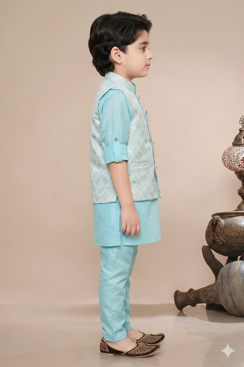 Momento Fashions Boys Kurta Pajama Set with Geometric Jacquard Printed Jacket