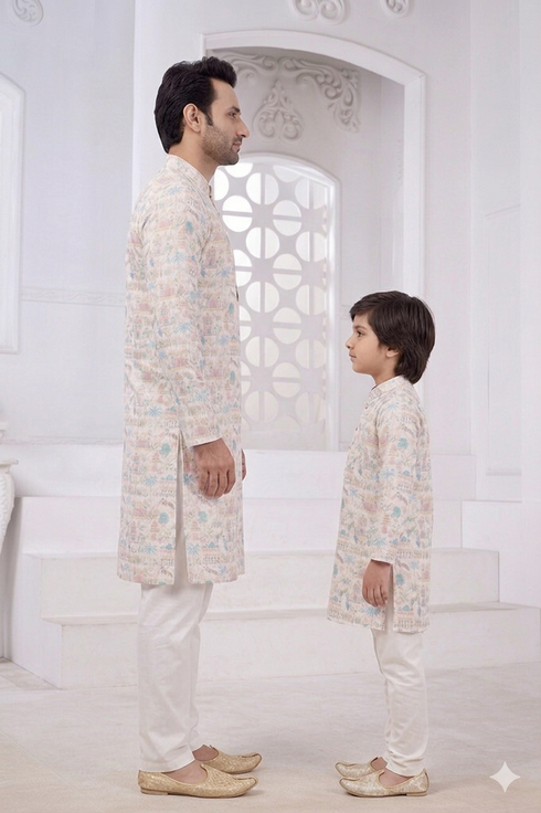 Momento Fashions Father–Son Matching Motif Heritage Print Cotton Kurta Set