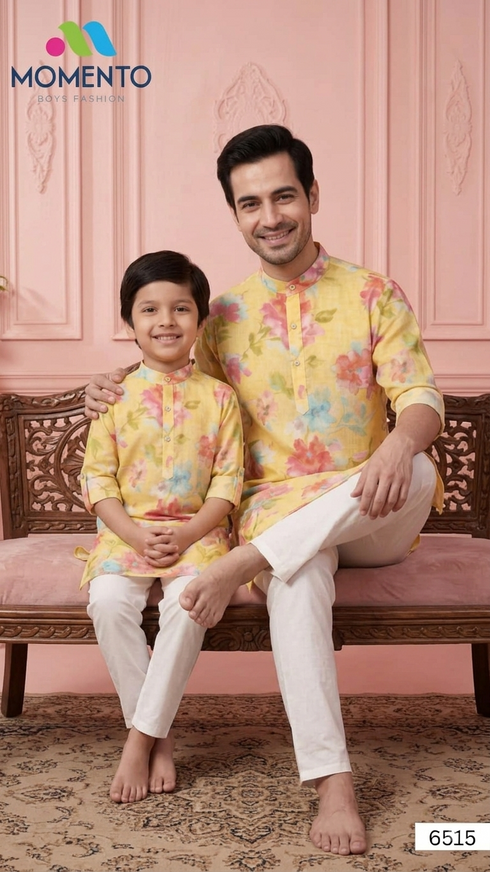 Yellow Father Son Matching Outfit | Floral Kurta for Festivals & Weddings