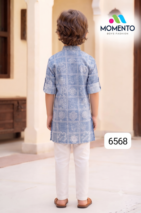 Kids Blue Cotton Kurta Pyjama Set with White Print | Ethnic Wear