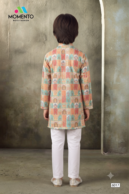 Kids Cream Kurta Pyjama | Multicolour Grid Print Cotton Ethnic Wear