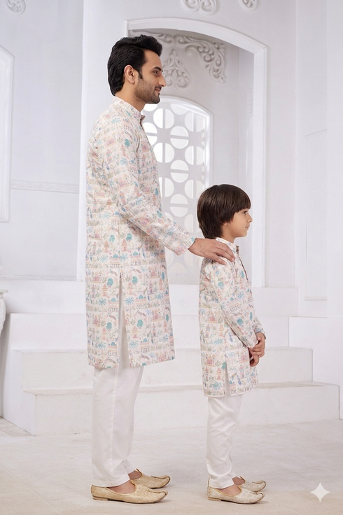 Momento Fashions Father–Son Matching Motif Heritage Print Cotton Kurta Set