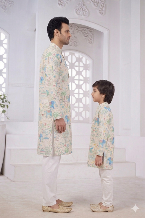 Momento Fashions Father–Son Matching Heritage Elephant Printed Cotton Kurta Set