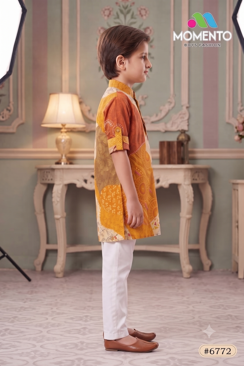 Kids Mustard Yellow Kurta Pyjama Set | Patchwork Print & White Trousers