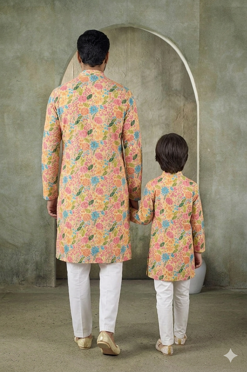 Momento Fashions Father–Son Matching Floral Garden Print Cotton Kurta Set