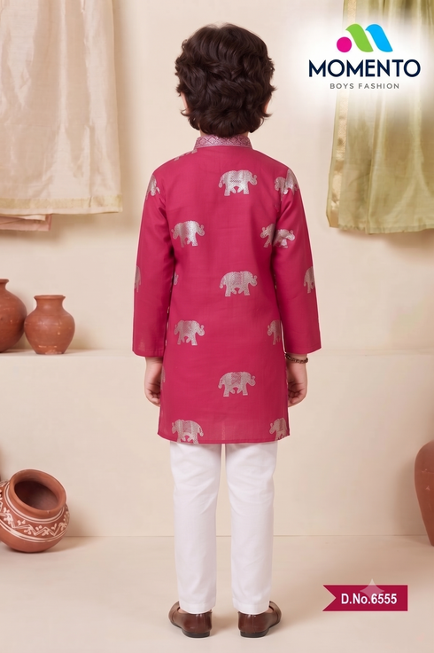 Kids Dark Pink Kurta Pyjama Set | Cotton Ethnic Wear with Silver Details