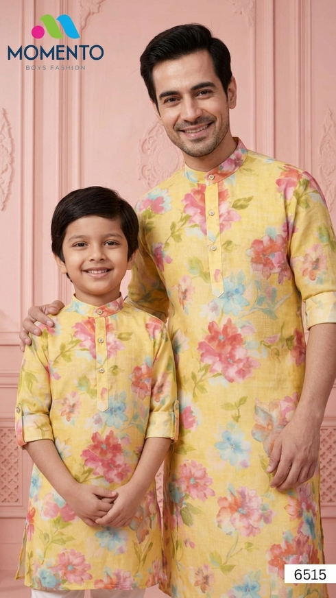 Yellow Father Son Matching Outfit | Floral Kurta for Festivals & Weddings