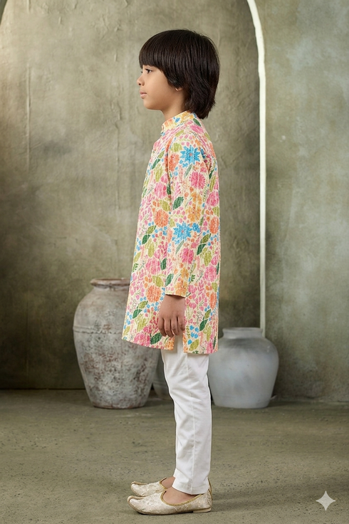 Momento Fashions Boys Floral Printed Cotton Kurta Pajama Set