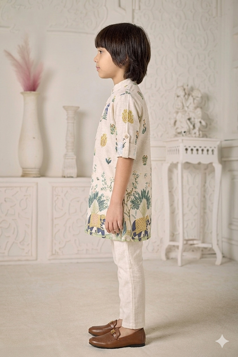 Momento Fashions Boys Elephant Motif Printed Cotton Kurta Pajama Set