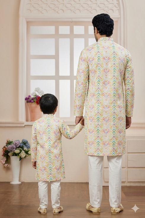 Momento Fashions Father–Son Matching Chevron Printed Cotton Kurta Set