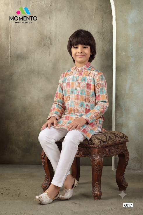 Kids Cream Kurta Pyjama | Multicolour Grid Print Cotton Ethnic Wear