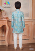 Kids Aqua Blue Kurta Pyjama Set | Teal Geometric Print & White Trousers