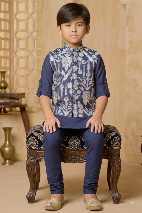 Navy Blue Kurta with Jacket | 100% Cotton | Momento Fashions