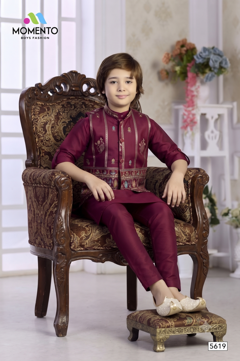 Kids Wine Ethnic Kurta Pyjama | Gold & Teal Embroidered Waistcoat
