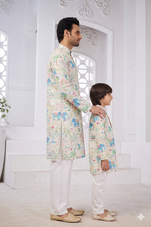 Momento Fashions Father–Son Matching Heritage Elephant Printed Cotton Kurta Set