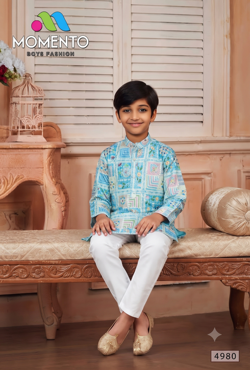 Kids Aqua Blue Kurta Pyjama Set | Teal Geometric Print & White Trousers