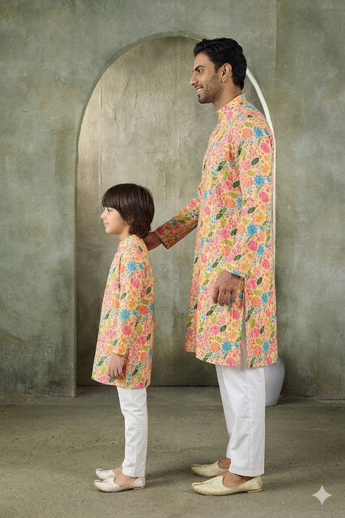 Momento Fashions Father–Son Matching Floral Garden Print Cotton Kurta Set