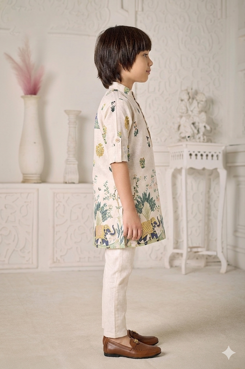 Momento Fashions Boys Elephant Motif Printed Cotton Kurta Pajama Set